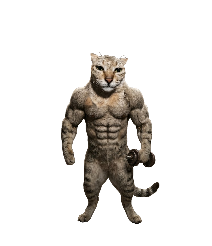 muscular cat holding a dumbbell